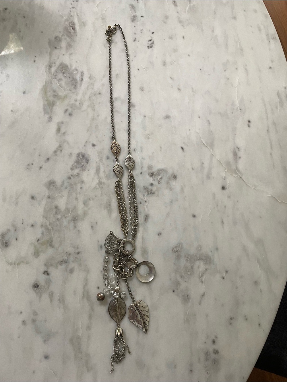 Layered Silver Leaf and Charm Necklace - Women's Jewelry